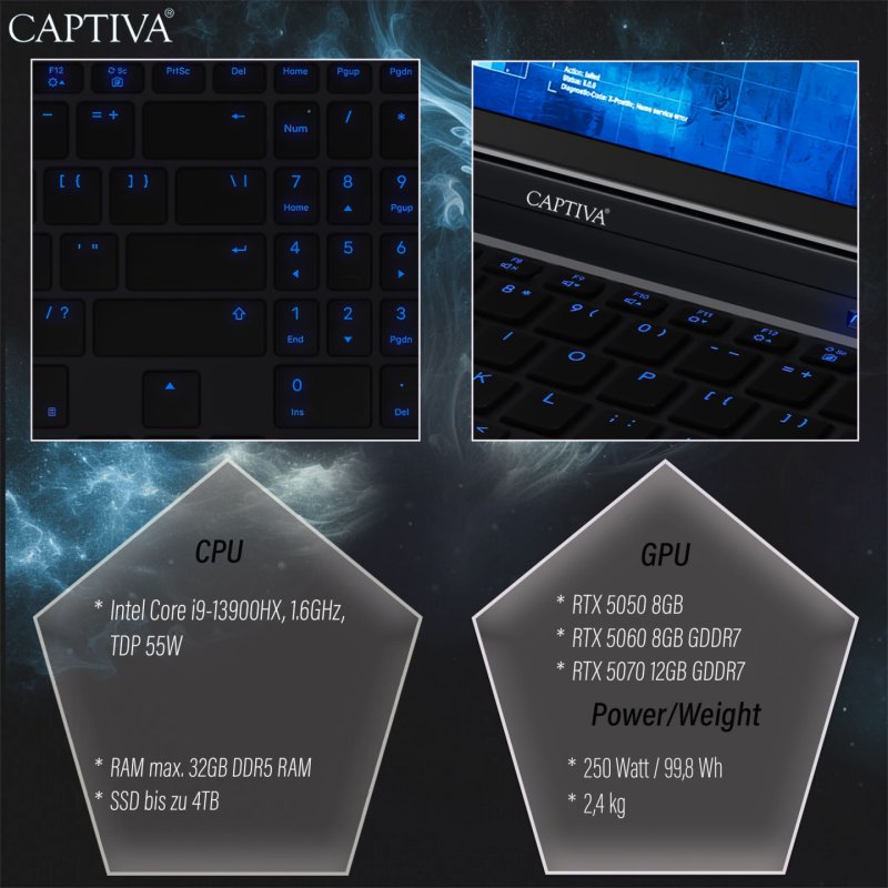 Captiva Notebook Highend Gaming I99-480GE 16" WQXGA i9-14900HX 32GB/1TB SSD RTX5070Ti Win 11