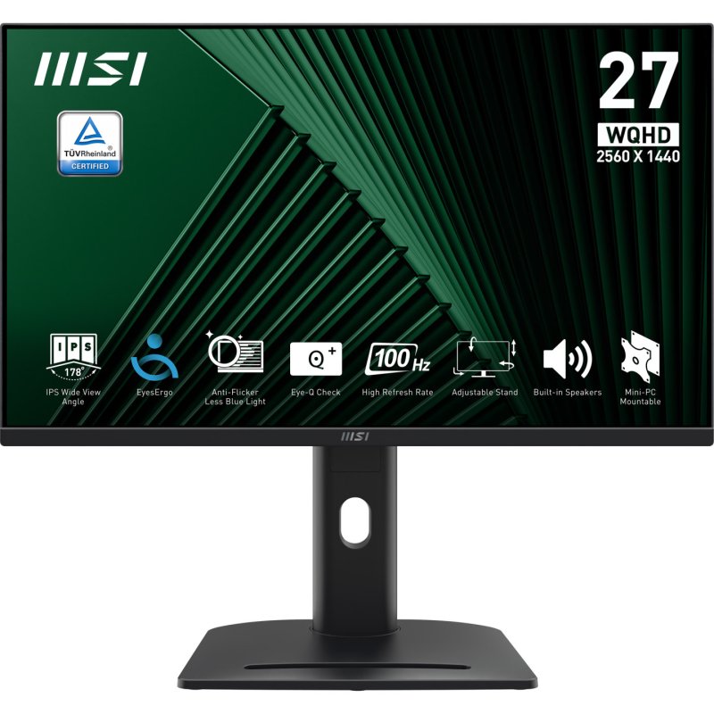 MSI Pro MP275QPG 27 Inch Monitor, QHD (2560 x 1440), 100Hz, IPS, 1ms, 2x HDMI 2.0b, 1x DP 1.2a output, Built-in