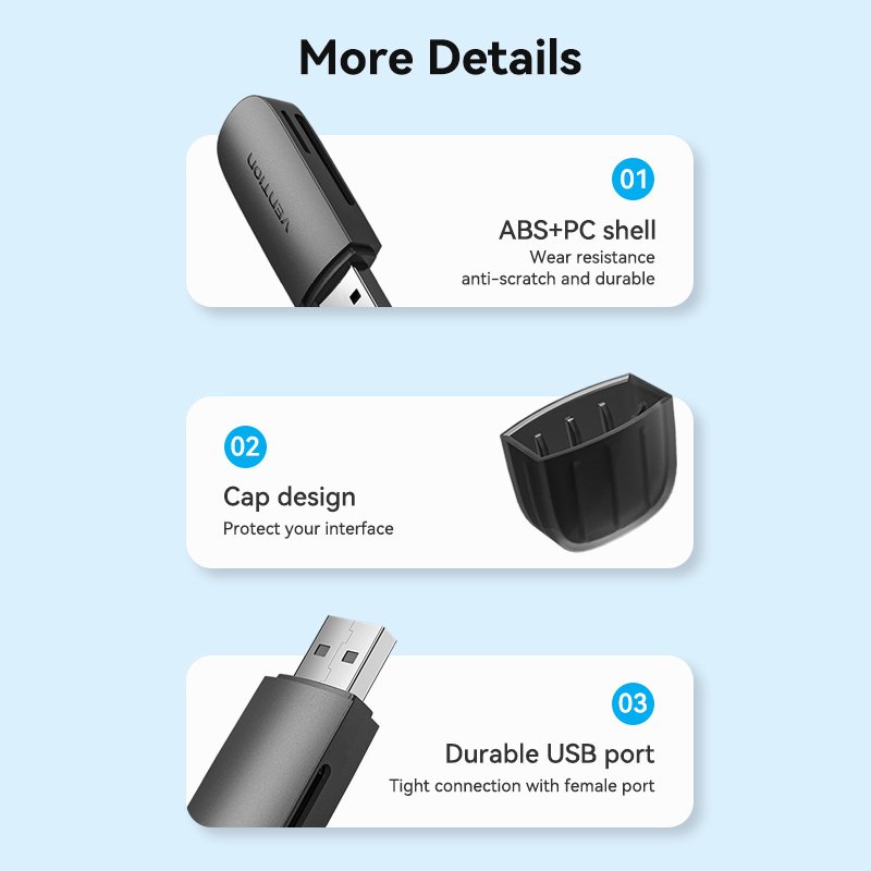 Vention 2-in-1 USB 3.0 A Card Reader(SD TF) Black Single Drive Letter