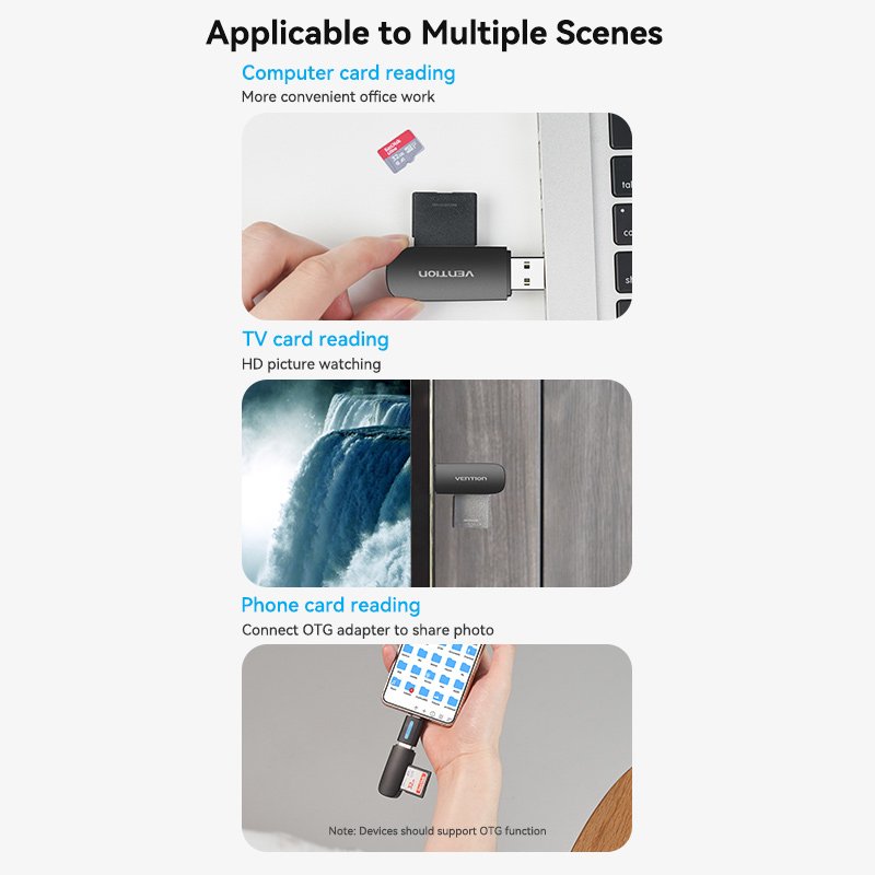 Vention 2-in-1 USB 3.0 A Card Reader(SD TF) Black Single Drive Letter