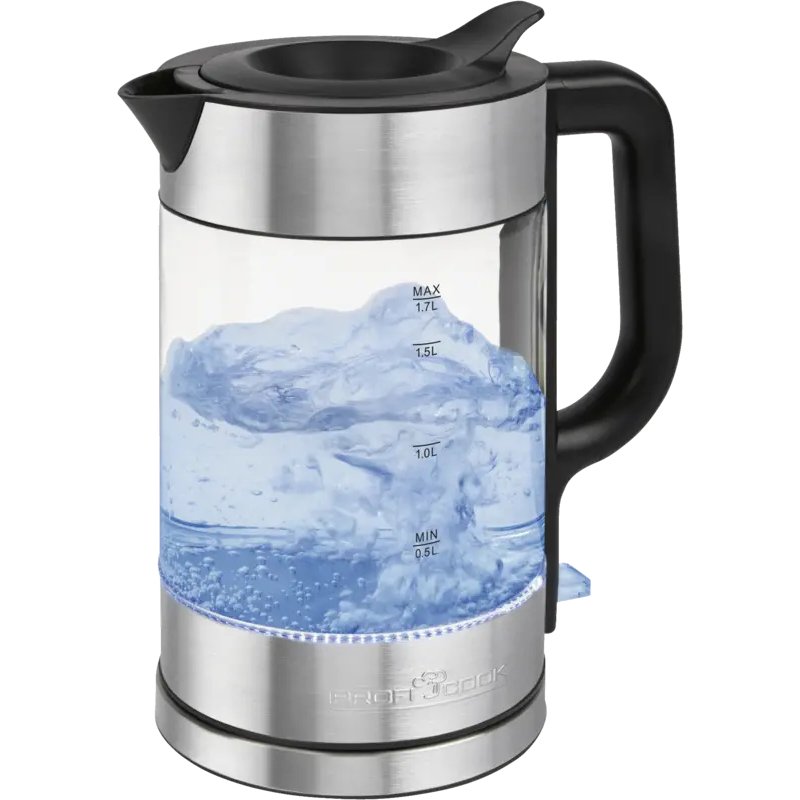 ProfiCook PC-WKS 1322 G bouilloire 1,7 L 2200 W Argent, Noir, Transparent