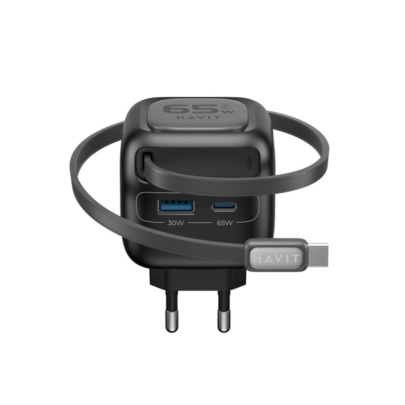 Chargeur secteur Havit UC253 - 1x USB-A 1x USB-C 65W avec câble USB-C (Noir)