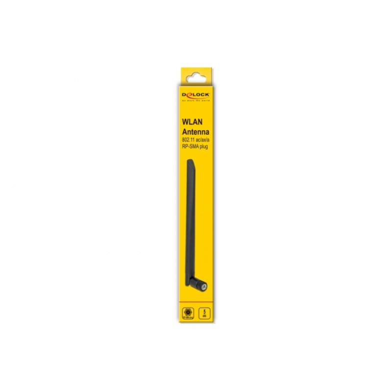 DeLOCK Antenne WLAN 802.11 ac/ax/a RP-SMA mâle 5 dBi, 20 cm, omnidirectionnelle, matériau flexible, noire