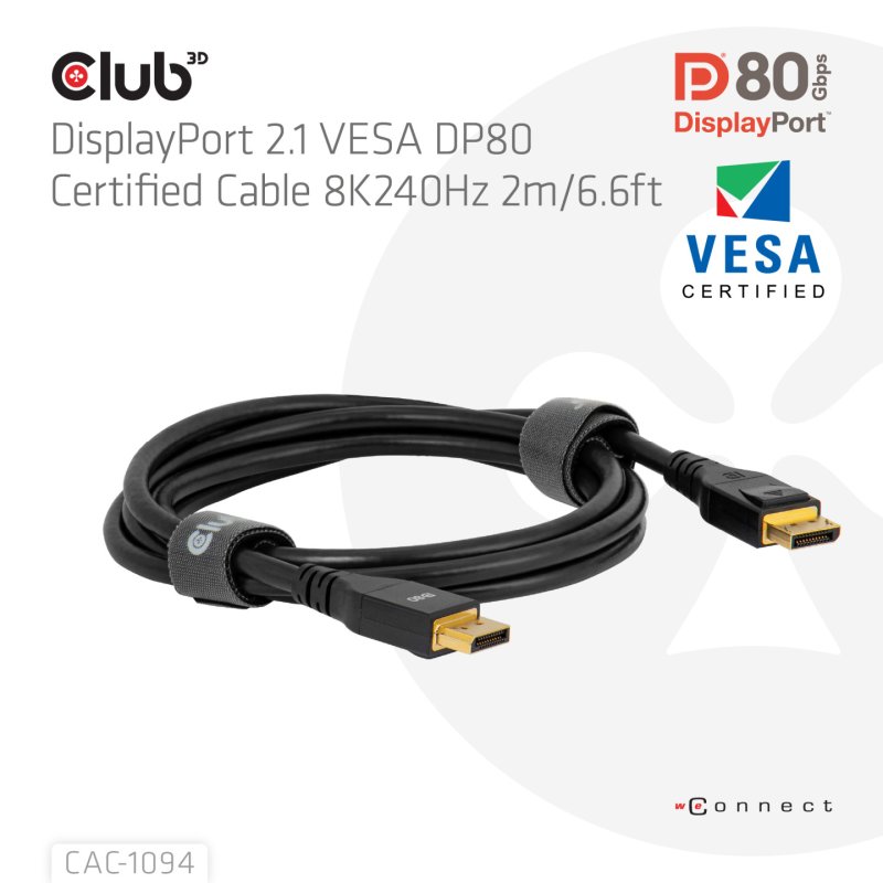 CLUB3D DisplayPort™ 2.1 VESA DP80 Certified Cable 8K240Hz 2m/6.56ft