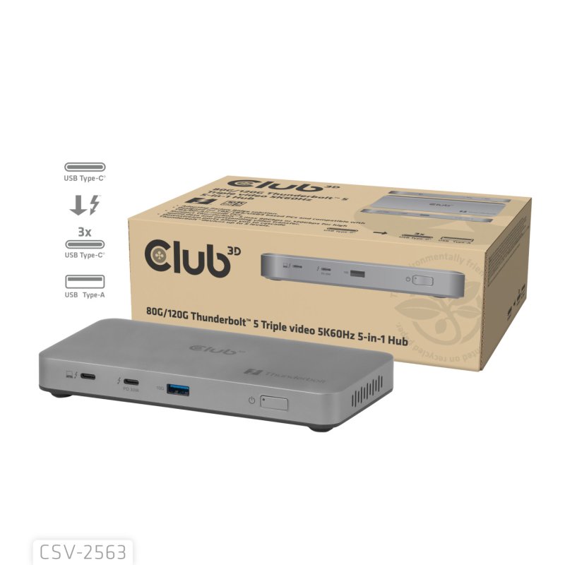 CLUB3D CSV-2563 5-1 Thunderbolt™ 5 Hub Triple video 5K60Hz Thunderbolt™ Share Certifi ed 180W