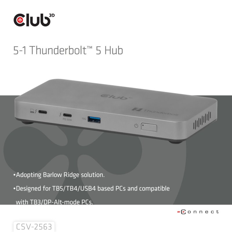 CLUB3D CSV-2563 5-1 Thunderbolt™ 5 Hub Triple video 5K60Hz Thunderbolt™ Share Certifi ed 180W