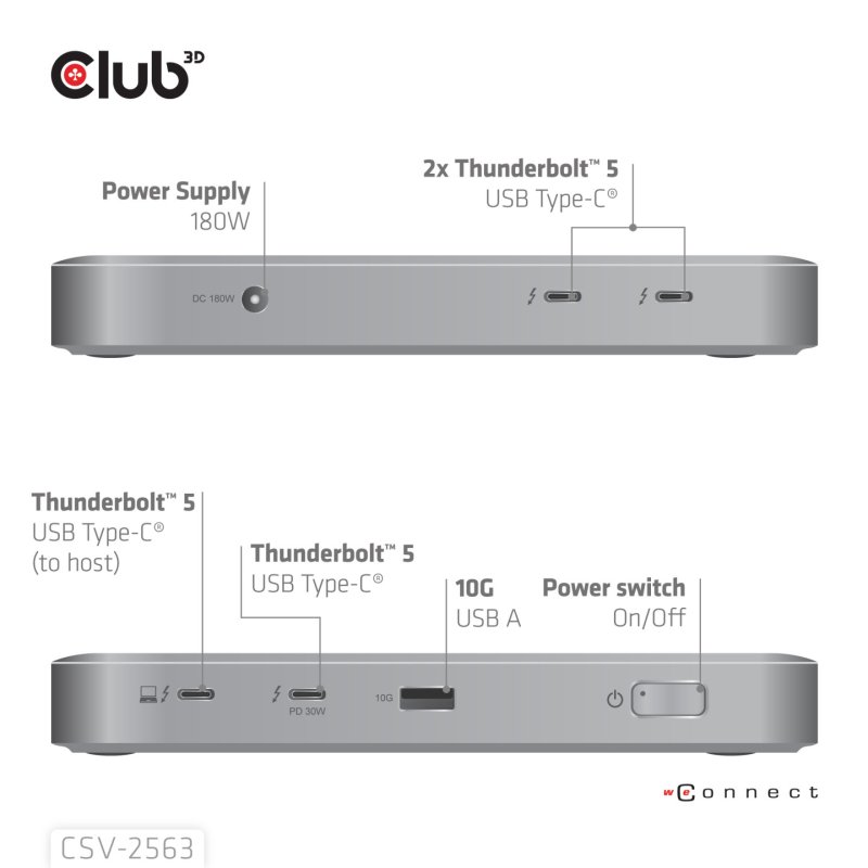 CLUB3D CSV-2563 5-1 Thunderbolt™ 5 Hub Triple video 5K60Hz Thunderbolt™ Share Certifi ed 180W