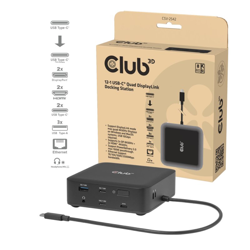 Club3D USB-C 12in1-Dock 2xDP/2xHDMI/3xUSB-C/ 8K30Hz PD100W