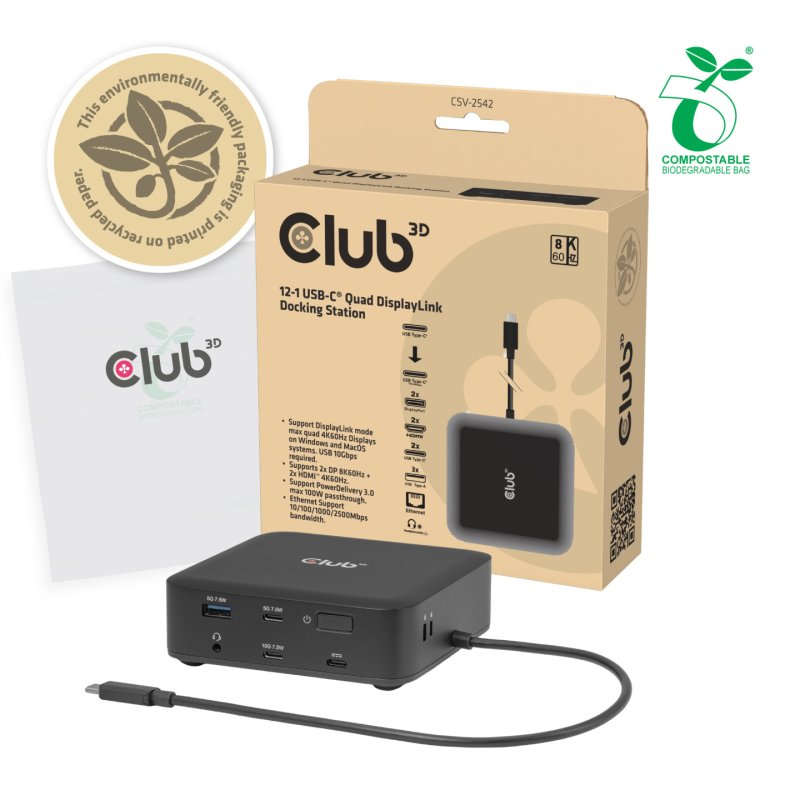 CLUB3D CSV-2542 station d'accueil USB 3.2 Gen 2 (3.1 Gen 2) Type-C Noir