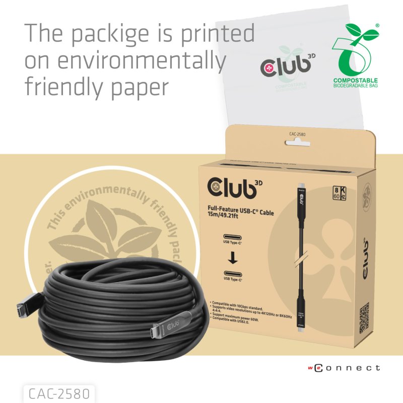 CLUB3D 15M Full-Feature USB-C Cable / 49.21ft 8K60Hz 10Gbps 60W