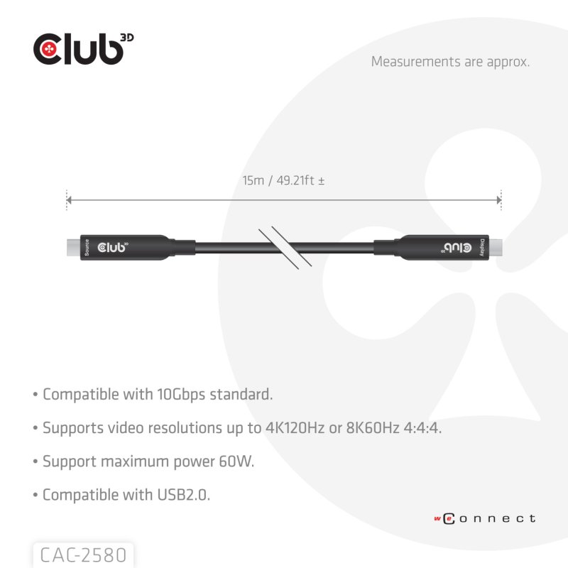 CLUB3D 15M Full-Feature USB-C Cable / 49.21ft 8K60Hz 10Gbps 60W