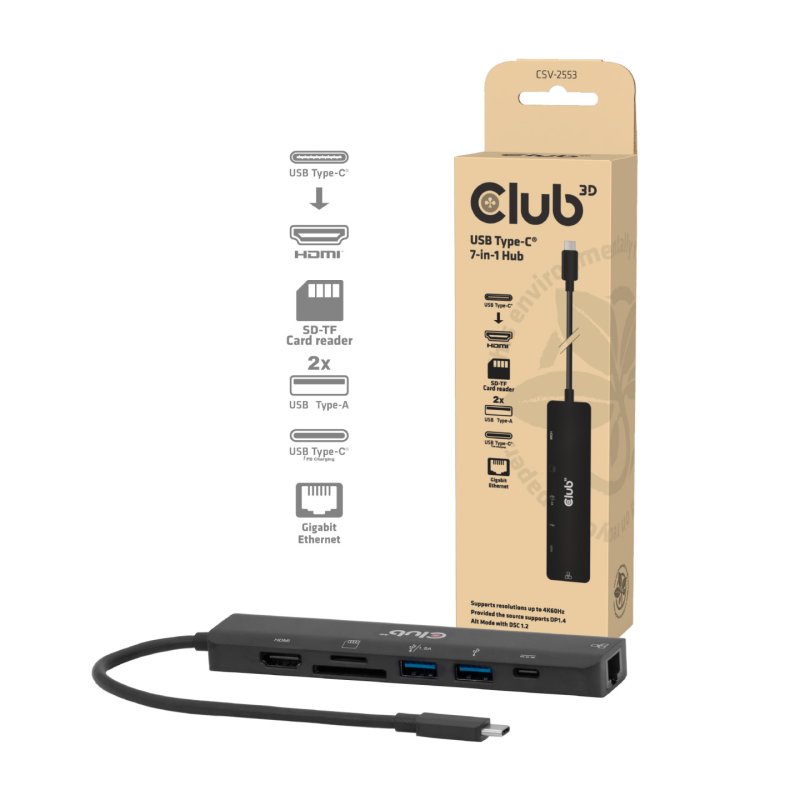 CLUB3D CSV-2553 hub & concentrateur USB Type-C 5000 Mbit/s Noir
