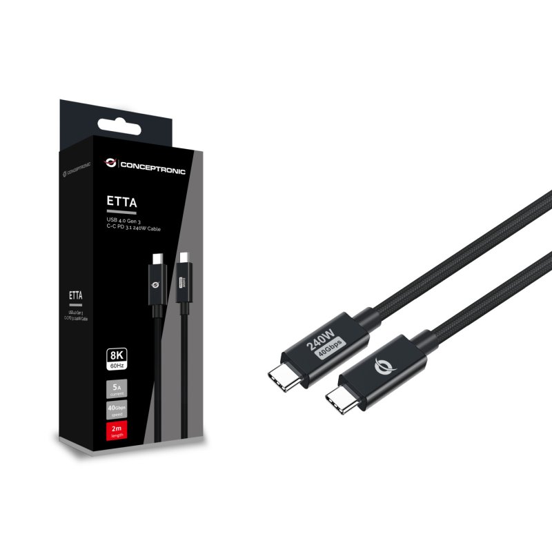 Conceptronic ETTA04B20 USB 4.0 Gen 3 C-C PD 3.1 240W Cable 2M, 48V 5A, 40Gbps, E-Mark