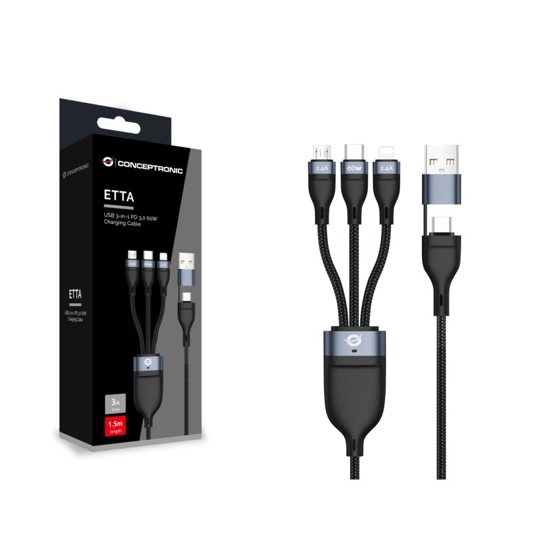 Conceptronic ETTA05B15 câble USB USB 2.0 1,5 m USB C USB C/Micro-USB B/Lightning Noir