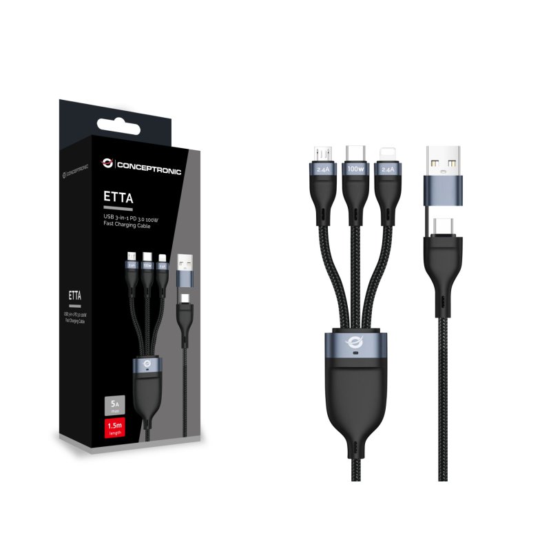 Conceptronic ETTA06B15 USB 3-in-1 PD 3.0 100W Fast Charging Cable 1.5M, 20V 5A, 480Mbps, E-Mark