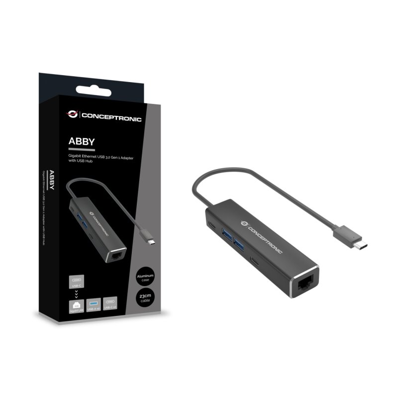 Conceptronic ABBY14B 2.5G Ethernet USB 3.2 Gen 1 Adapter with USB Hub, 2.5GbE, USB-A x 2, USB-C x 2