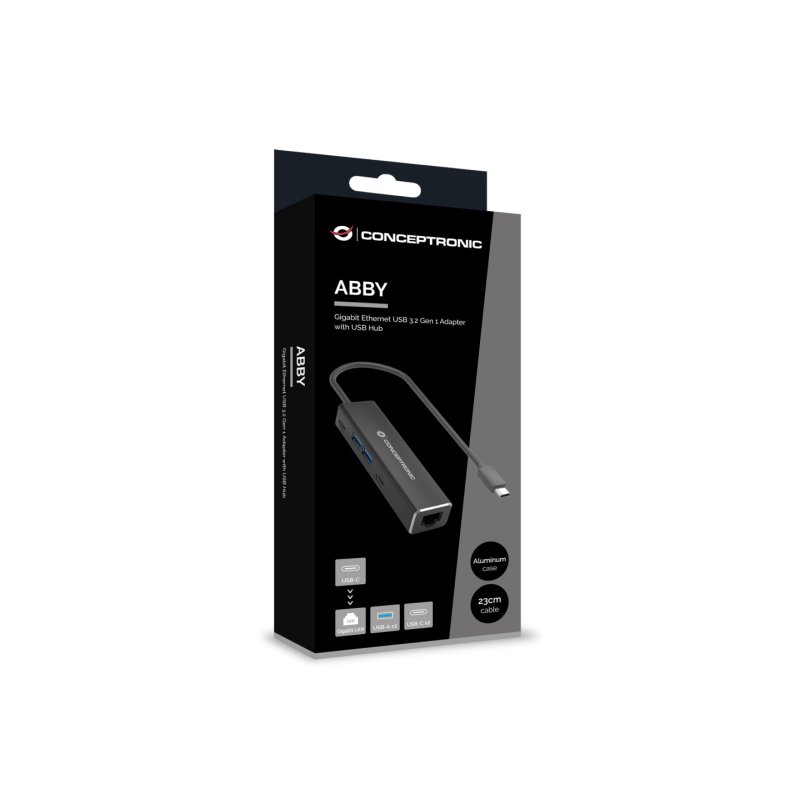 Conceptronic ABBY13B Gigabit Ethernet USB 3.2 Gen 1 Adapter with USB Hub, GbE, USB-A x 2, USB-C x 2