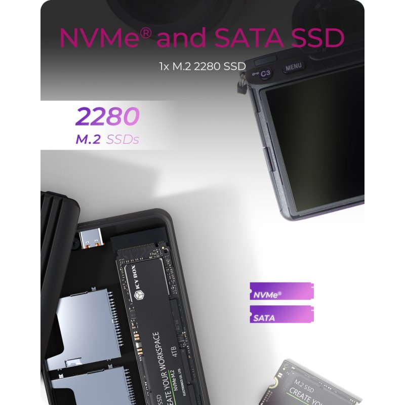 ICY BOX M.2 NVMe/SATA SSD Gehäuse mit Kartenleser 2x SD 4.0, Host USB 3.2 Gen 2 Type-C A 10 Gbit/s