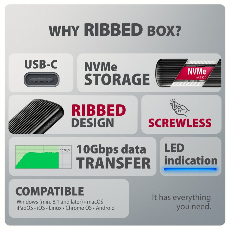 AXAGON EEM2-SC SSD-Gehäuse, M.2 NVMe, USB-C 10Gbit/s, Aluminium - schwarz