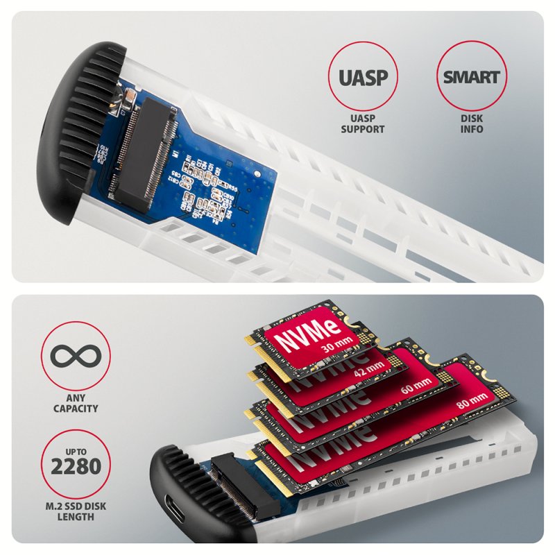 AXAGON EEM2-SC SSD-Gehäuse, M.2 NVMe, USB-C 10Gbit/s, Aluminium - schwarz