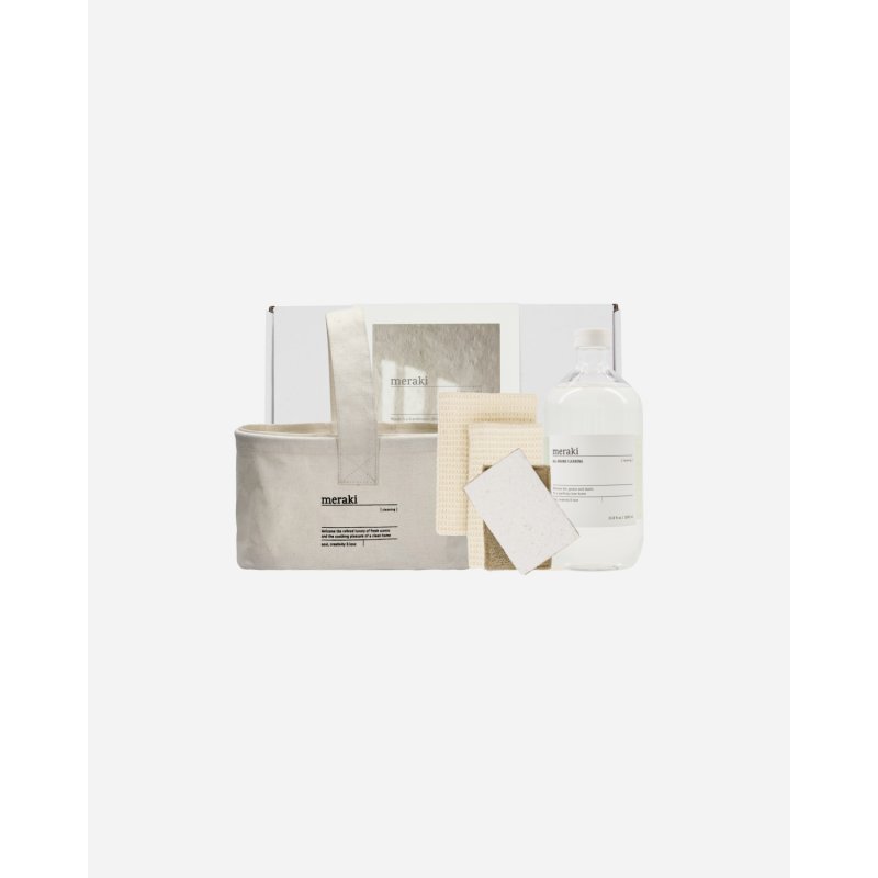 Meraki - Gift Box with Basket, Dish Cloth, Sponge & All-Round Cleaner - Beige/White - 1000 ml, 32x23x13.5 cm