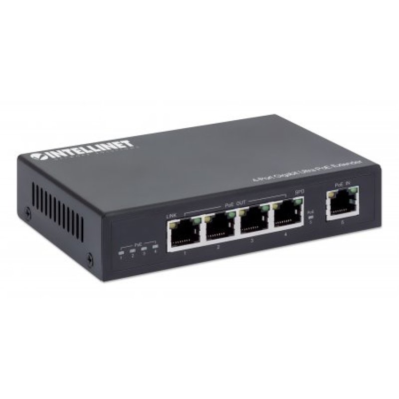 Intellinet 4-Port Gigabit Ultra PoE Extender, Adds up to 100 m (328 ft.) to PoE Range, 90 W PoE Power Budget, Four PSE