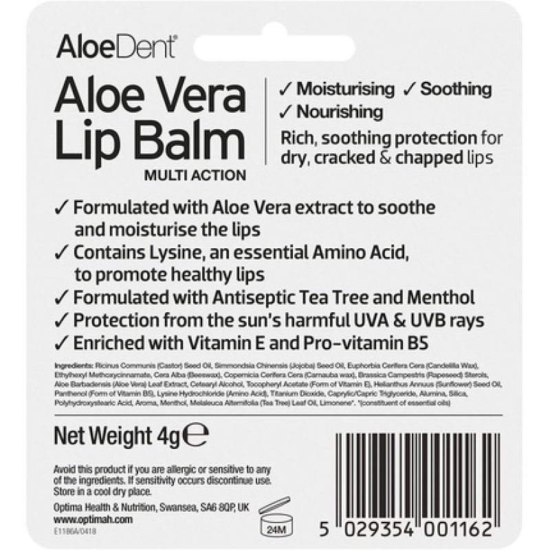 Aloe Dent Aloe Vera Lip Balm Natural Vegetarian Cruelty Free Paraben and SLS Free Moisturising UVA and UVB Protection