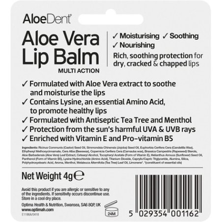 Aloe Dent Aloe Vera Lip Balm Natural Vegetarian Cruelty Free Paraben and SLS Free Moisturising UVA and UVB Protection