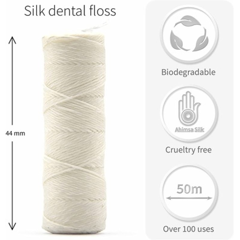 Bambaw Silk Floss and Stainless Steel Floss Holder Organic Eco Friendly Mint Dental Floss 1x50m Refill