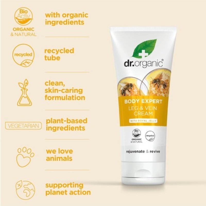 Dr Organic Organic Royal Jelly Leg & Vein Cream Natural Vegetarian Cruelty Free Paraben & SLS Free 200ml