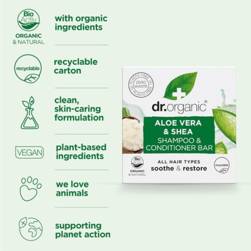 Dr Organic Aloe Vera & Shea Shampoo & Conditioner Bar Soothing All Hair Types 75g