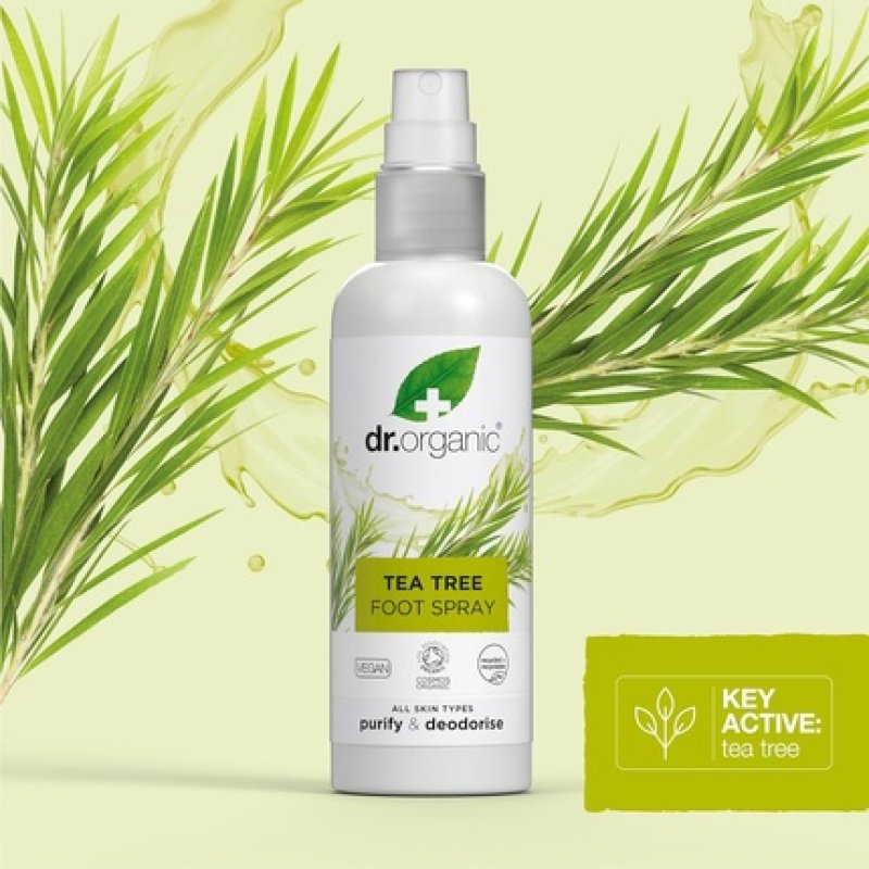 Dr Organic Tea Tree Foot Spray Deodorizing Cleansing Quick-Drying Aluminum-Free with Natural Peppermint Oil Vegan