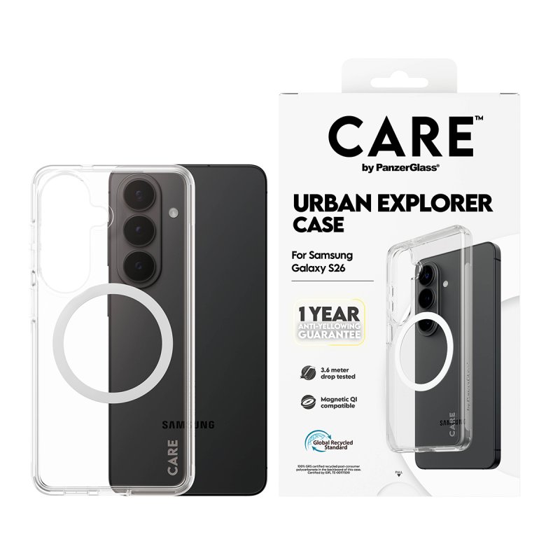 PanzerGlass CARE™ by Urban Explorer Case Transparent w. White Qi Samsung Galaxy S26