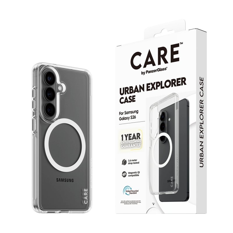 PanzerGlass CARE™ by Urban Explorer Case Transparent w. White Qi Samsung Galaxy S26 coque de protection pour