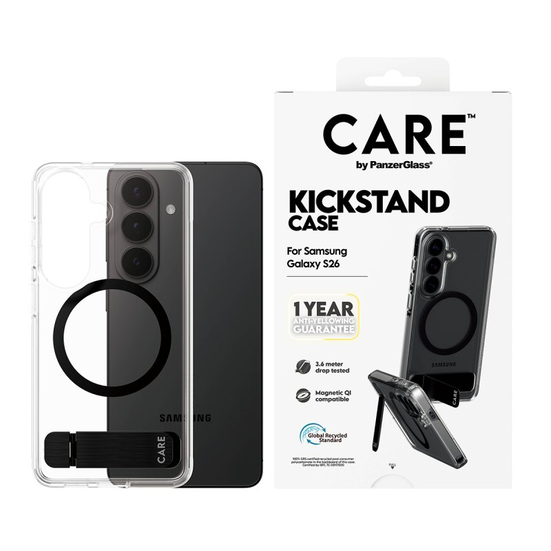 PanzerGlass CARE™ by Urban Explorer Case Transparent w. Black Kickstand & Qi Samsung Galaxy S26