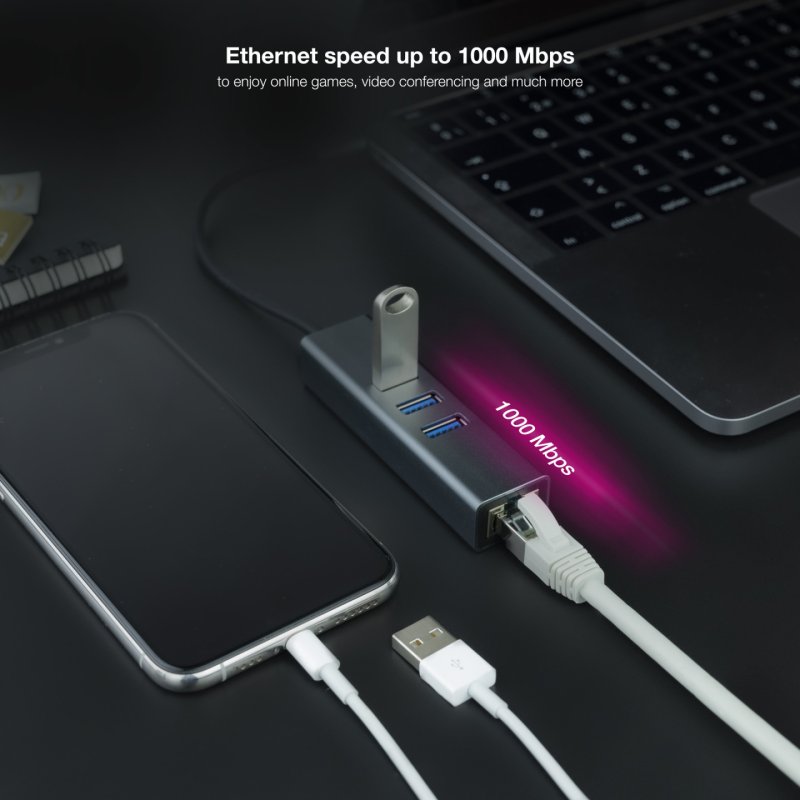 Nanocable Convertisseur USB-C USB-A/M 3.0 vers Ethernet 3xUSB-A 3.0