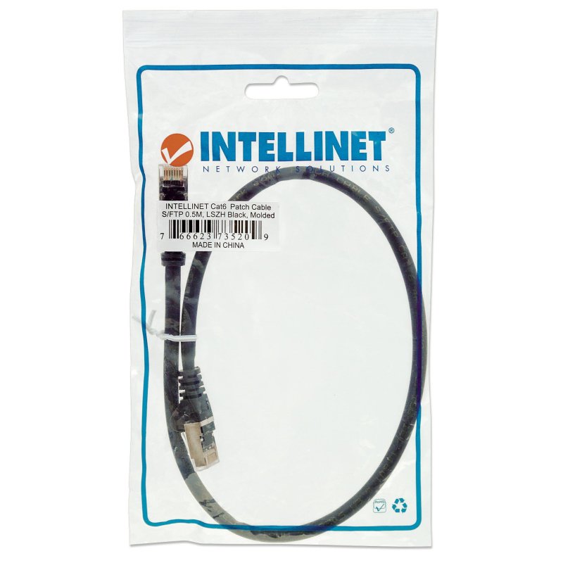 Intellinet Network Patch Cable, Cat6, 0.5m, Black, Copper, S/FTP, LSOH / LSZH, PVC, RJ45, Gold Plated Contacts,