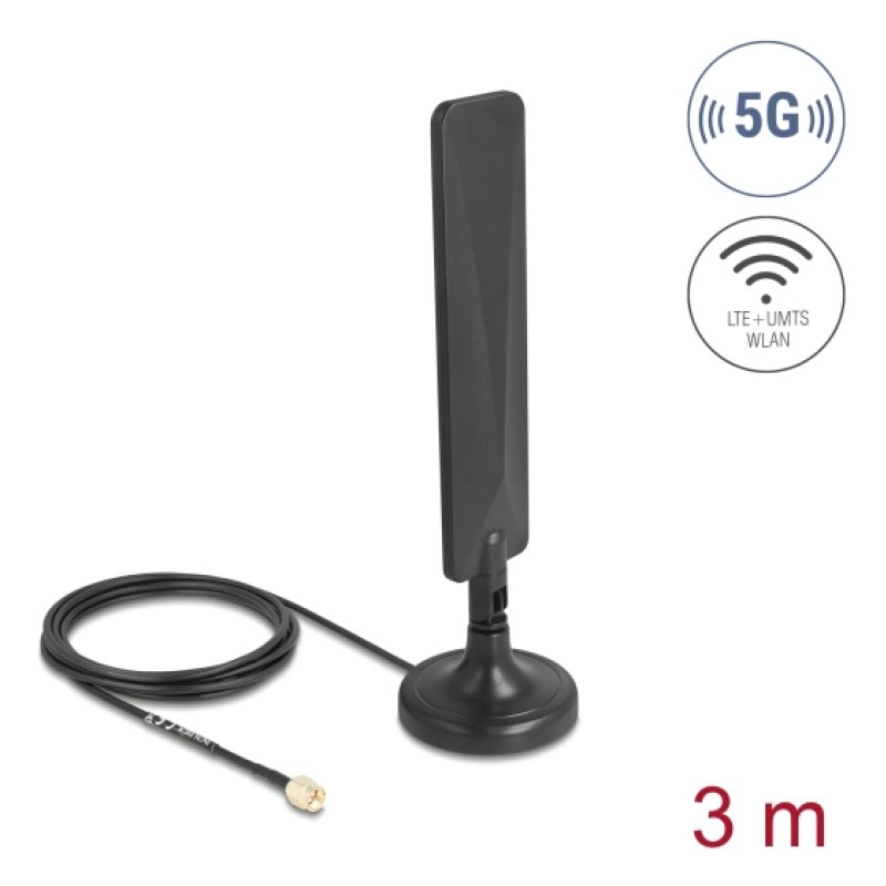 Delock 5G LTE Antenne SMA Stecker 3 dBi omnidirektional mit Anschlusskabel RG-174 3 m mit Kippgelenk mit magnetischem