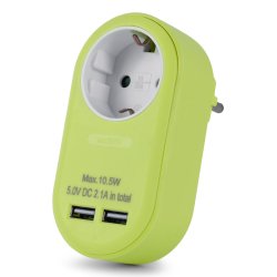 Entac Power Adapter 1 Grounded Socket and 2 USB (total 2.1A) Lime