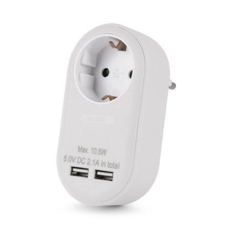 Entac Power Adapter 1 Grounded Socket and 2 USB (total 2.1A) White