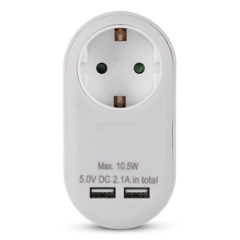 Entac Power Adapter 1 Grounded Socket and 2 USB (total 2.1A) White