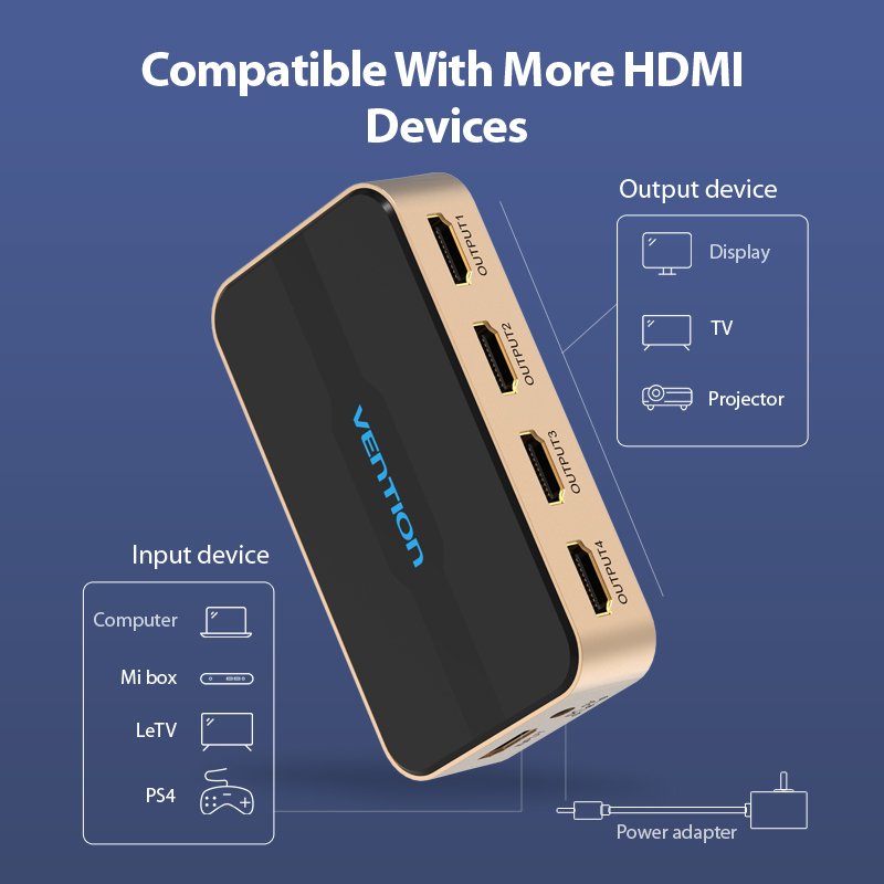 Splitter HDMI 4K Vention 4 ports (Noir/Or)