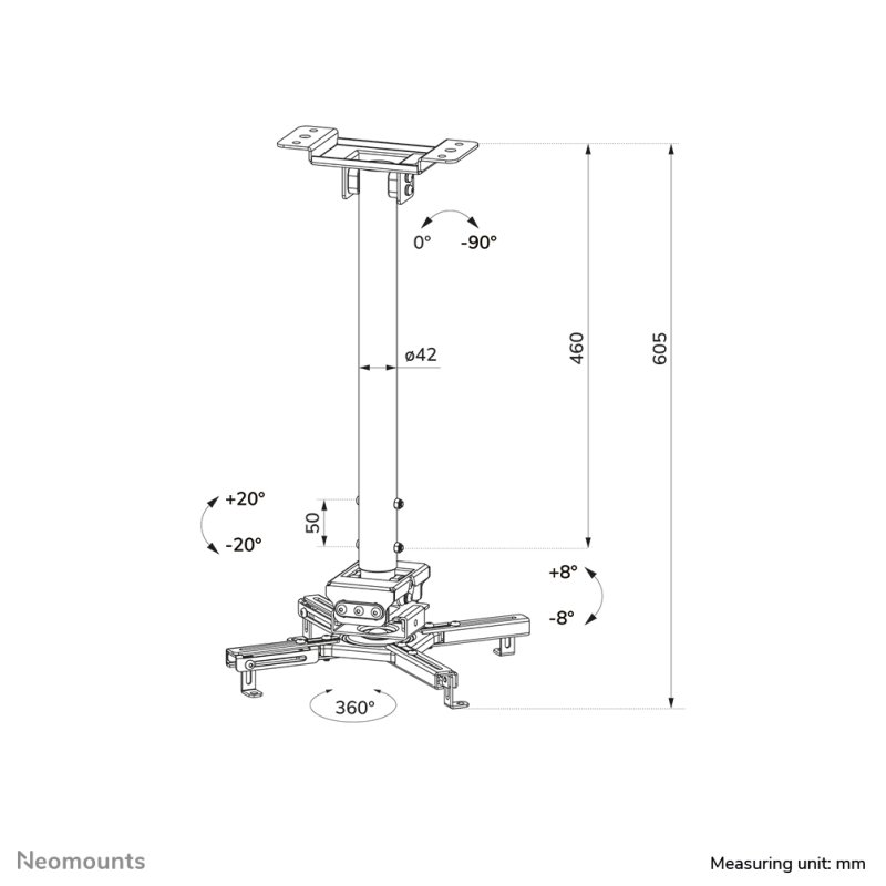 Neomounts CL25-540WH1 Support de plafond pour vidéoprojecteur - h60.5-90.5 cm - installation facile - orientable