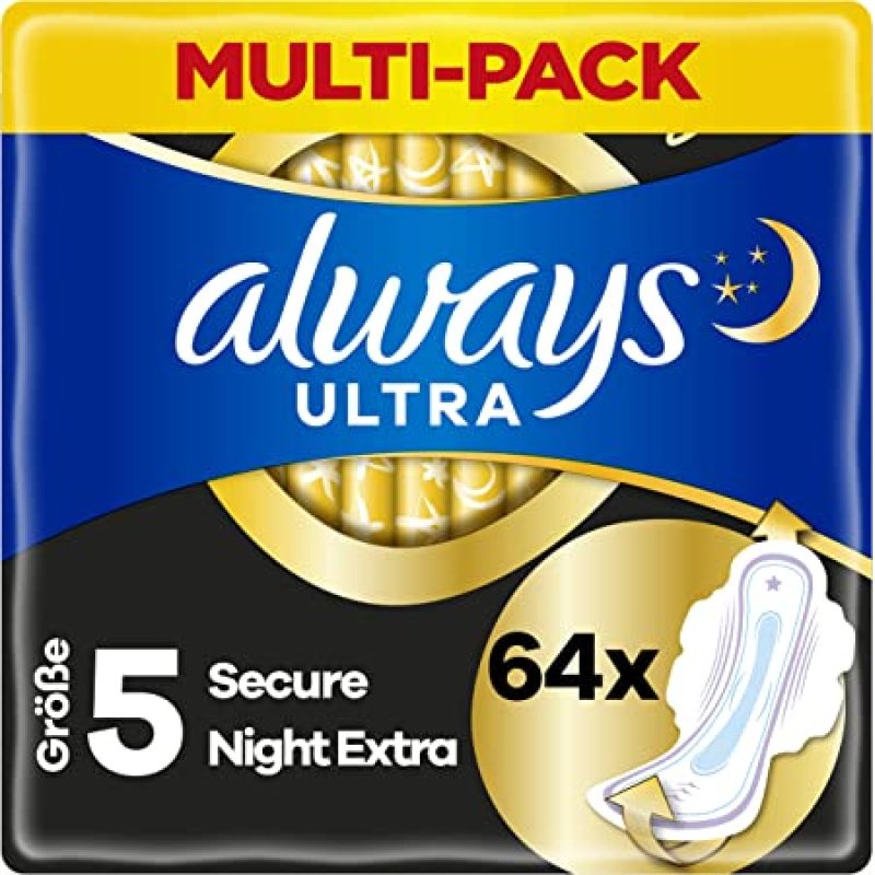 Always Ultra Secure Night Extra with Wings Size 5 Odor Neutralizing and Leak Protection 64 Pads