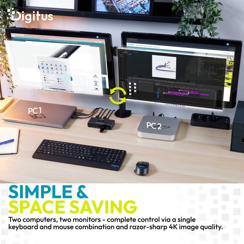 Digitus Commutateur KVM USB-C 3.0 Dual HDMI , 2 ports, 4K60Hz, Core Line