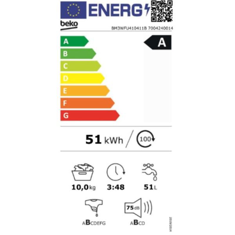 Beko b300 BM3WFU410411B machine à laver Charge avant 10 kg 1400 tr/min Blanc