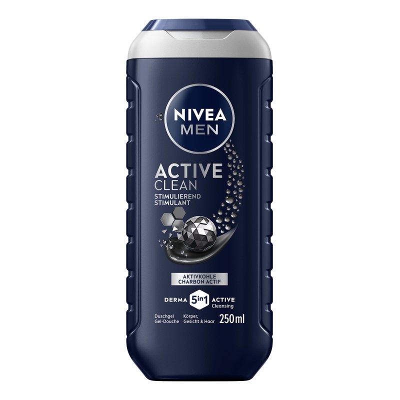NIVEA MEN Active Clean 250 ml Gel douche Hommes Corps, visage et cheveux Fraicheur