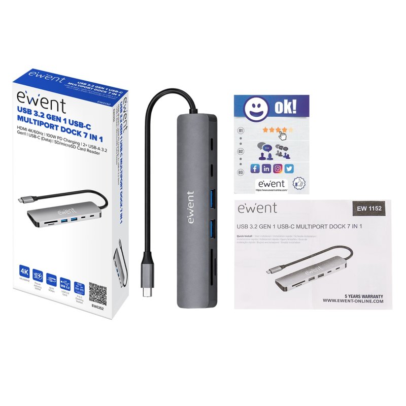 Ewent EW1152 laptop dock/port replicator Wired USB 3.2 Gen 1 (3.1 Gen 1) Type-C Grey