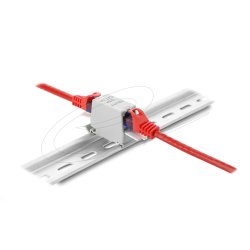 RJ45 Kupplung Cat.6A Buchse zu Buchse mit Staubschutzklappe für Hutschienen Montage ungeschirmt grau / weiß