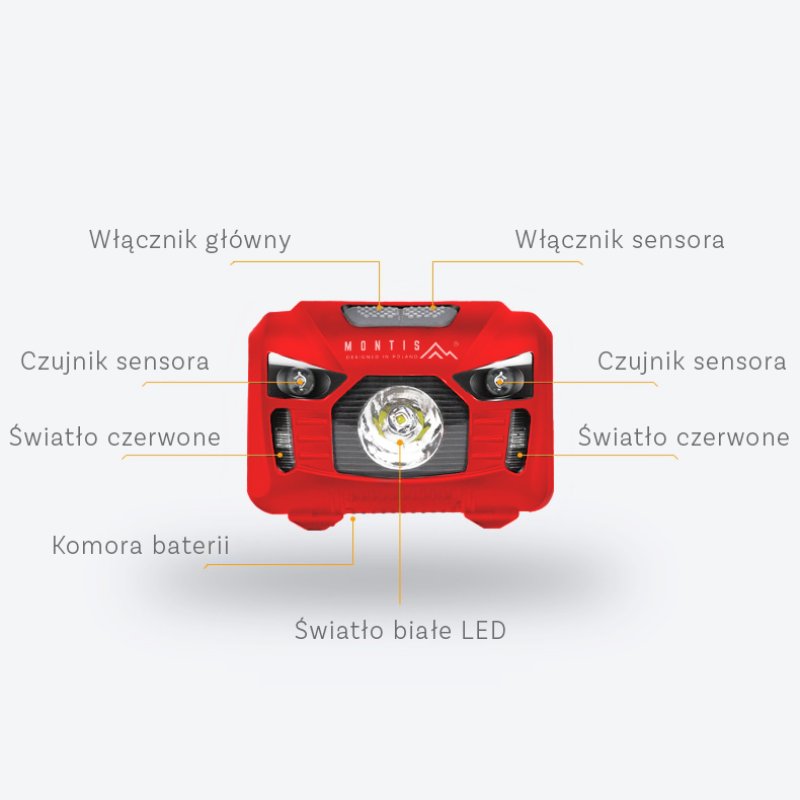 Montis Bateryjna latarka nagłowna z sensorem MT002 Rouge, Noir Lampe frontale LED